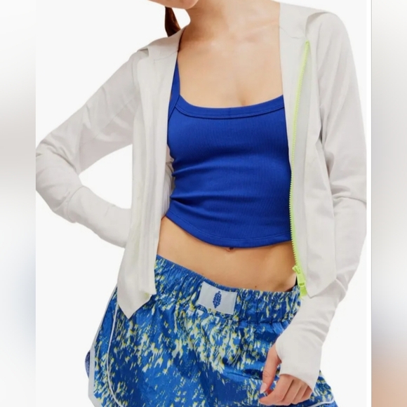 FREE PEOPLE Playin' for keeps track jacket zip up hoodie white neon green large - Picture 1 of 10